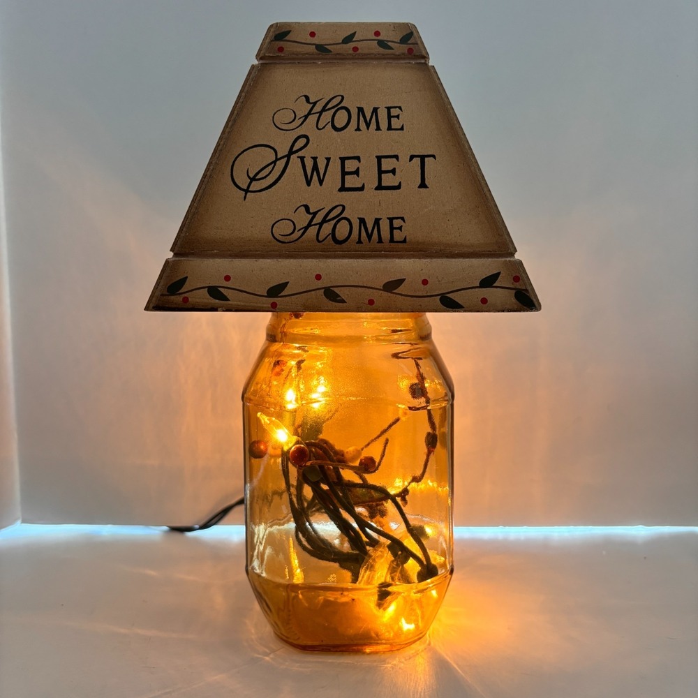 Lighted Jar Accent Lamp w Wooden Shade Lighted Berry Cottage Farmhouse Decor - Picture 3 of 10
